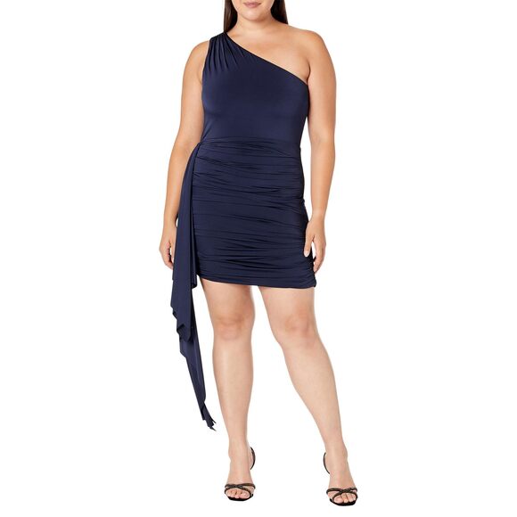XSCAPE Slinky One Shoulder Ruffle Dress Navy 4